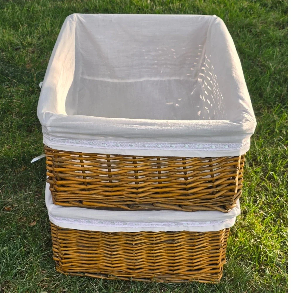 Set of 2 Woven Willow Storage Baskets with Lace Trim Fabric Liners Brown White